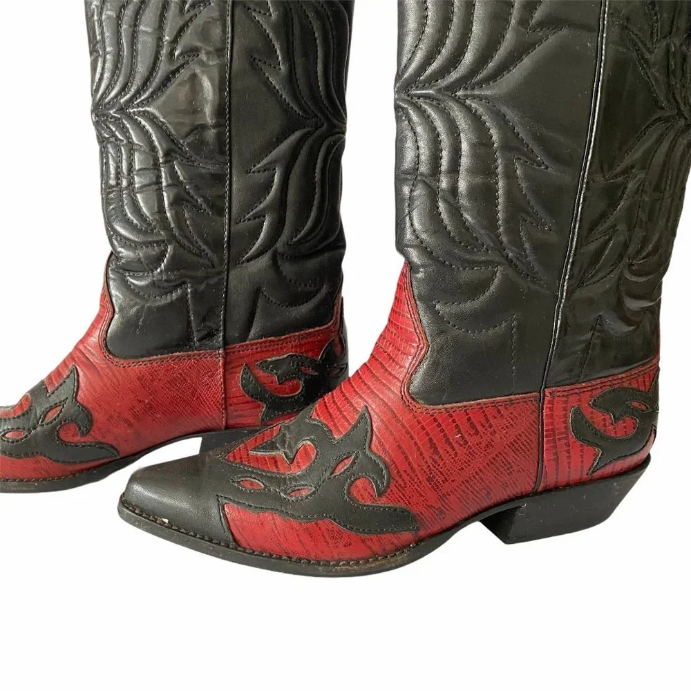 Flings Sundance Red Black Leather Cowboy Boots - Picture 5 of 9